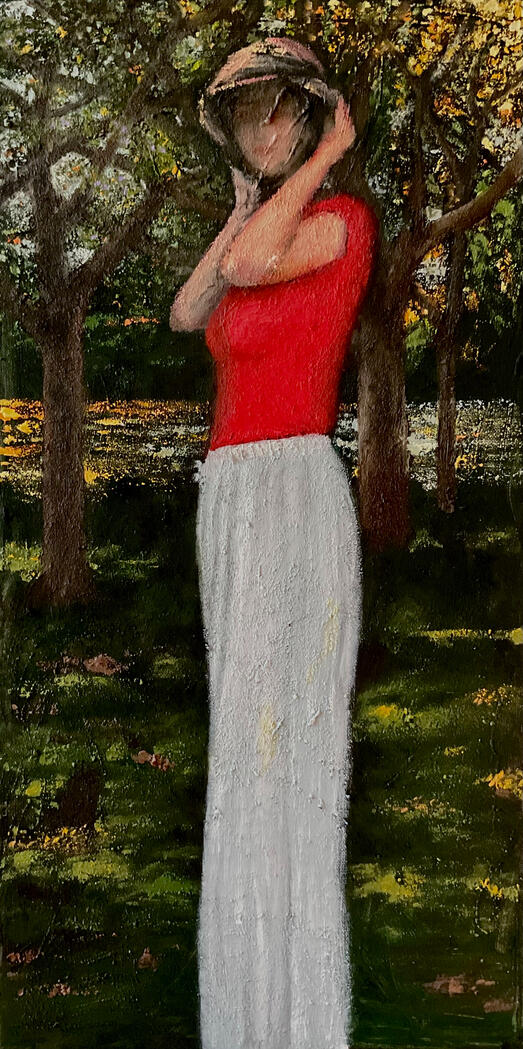 Acrylic, sand, and oil on canvas (61 × 30 cm)